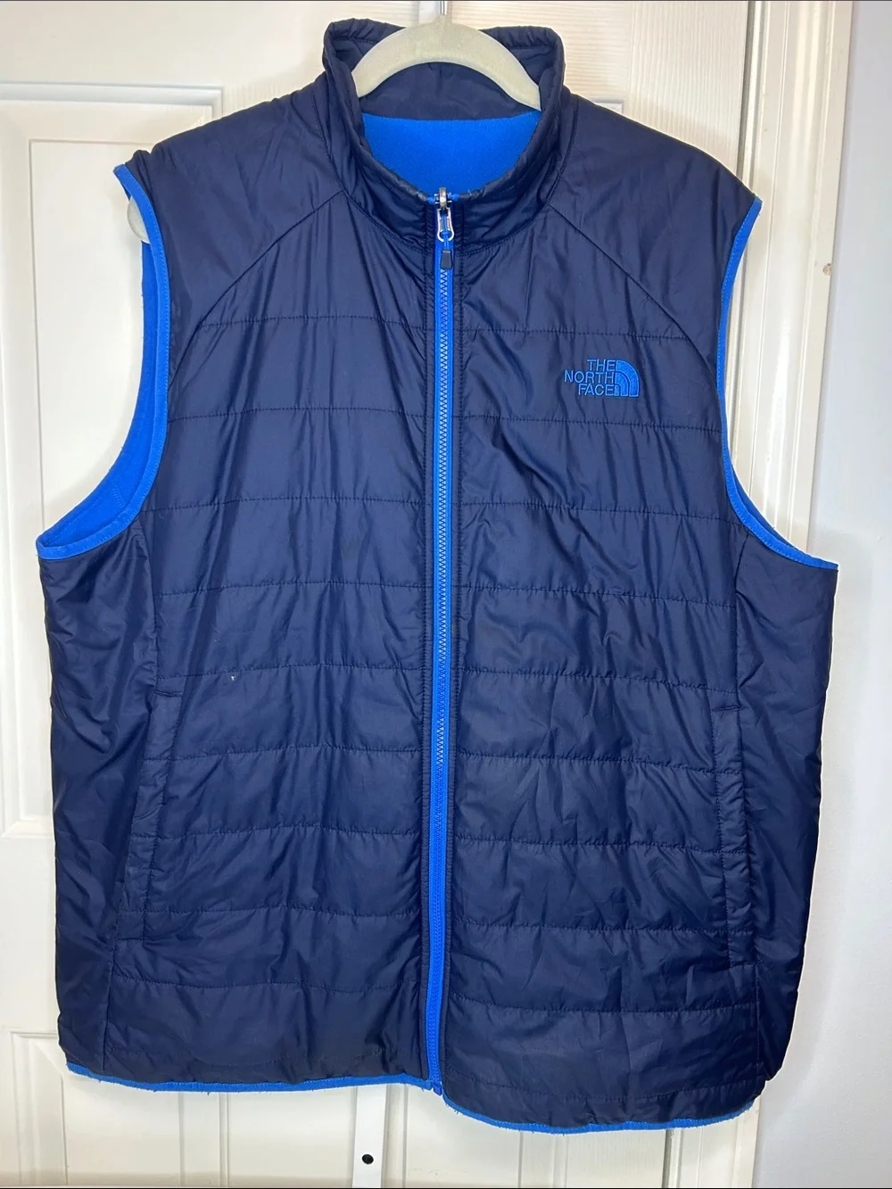 The North Face Mens Reversible Insulated Quilted Vest Navy Blue Sz XLT Fleece